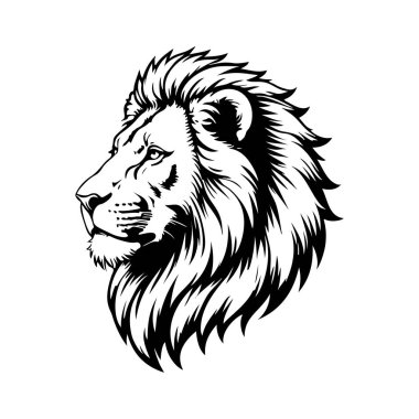 Aslan başı tasviri. Aslan kafalı maskot. Logo, etiket, işaret, poster, kart için tasarım ögesi. Vektör illüstrasyonu