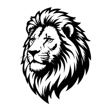 Aslan başı tasviri. Aslan kafalı maskot. Logo, etiket, işaret, poster, kart için tasarım ögesi. Vektör illüstrasyonu