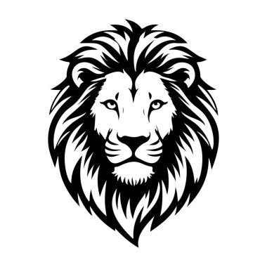 Aslan başı tasviri. Aslan kafalı maskot. Logo, etiket, işaret, poster, kart için tasarım ögesi. Vektör illüstrasyonu