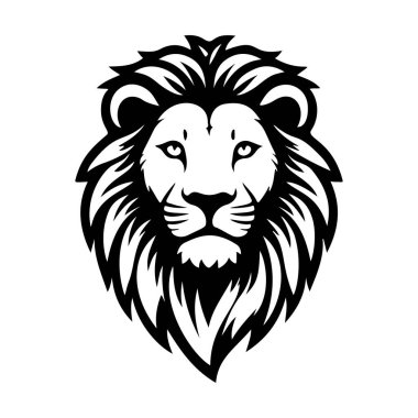 Aslan başı tasviri. Aslan kafalı maskot. Logo, etiket, işaret, poster, kart için tasarım ögesi. Vektör illüstrasyonu