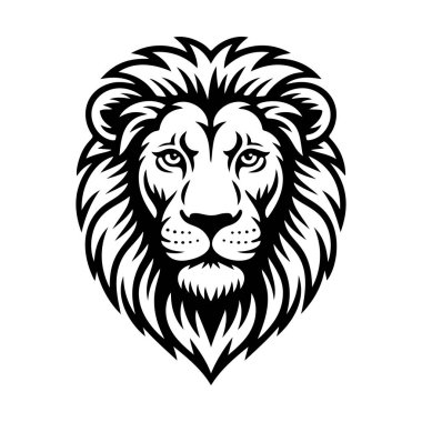 Aslan başı tasviri. Aslan kafalı maskot. Logo, etiket, işaret, poster, kart için tasarım ögesi. Vektör illüstrasyonu