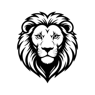 Aslan başı tasviri. Aslan kafalı maskot. Logo, etiket, işaret, poster, kart için tasarım ögesi. Vektör illüstrasyonu