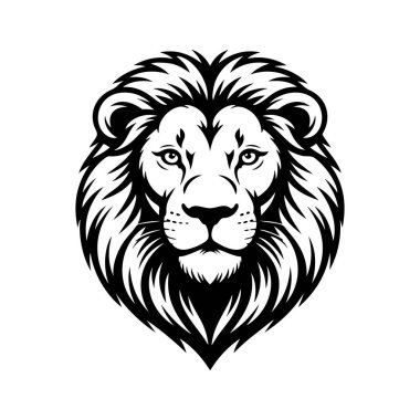 Aslan başı tasviri. Aslan kafalı maskot. Logo, etiket, işaret, poster, kart için tasarım ögesi. Vektör illüstrasyonu