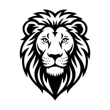 Aslan başı tasviri. Aslan kafalı maskot. Logo, etiket, işaret, poster, kart için tasarım ögesi. Vektör illüstrasyonu