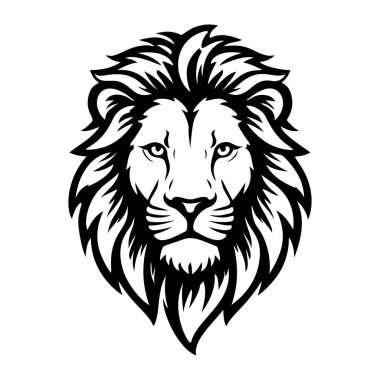 Aslan başı tasviri. Aslan kafalı maskot. Logo, etiket, işaret, poster, kart için tasarım ögesi. Vektör illüstrasyonu