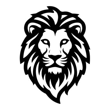 Aslan başı tasviri. Aslan kafalı maskot. Logo, etiket, işaret, poster, kart için tasarım ögesi. Vektör illüstrasyonu