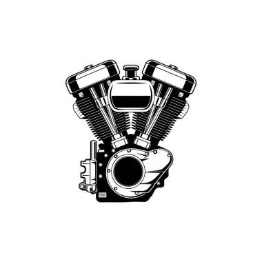 Beyaz arka planda motosiklet motoru çizimi. Poster, amblem, işaret, rozet tasarımı.