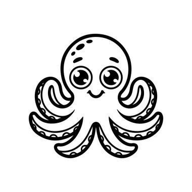 Tapılası bir ahtapotun oturduğu siyah beyaz çizgi film vektör çizimi. Deniz yaratığının büyük, ışıl ışıl gözleri ve dokunaçları var. Şirin ve basit bir şekilde yapılmış..