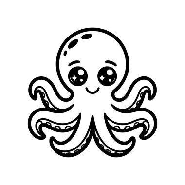 Tapılası bir ahtapotun oturduğu siyah beyaz çizgi film vektör çizimi. Deniz yaratığının büyük, ışıl ışıl gözleri ve dokunaçları var. Şirin ve basit bir şekilde yapılmış..
