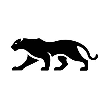 Beyaz arka planda izole edilmiş yürüyen bir panter ya da puma tasviri. Amblem, işaret, poster, rozet tasarımı. Vektör illüstrasyonu