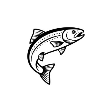 Beyaz arka planda izole edilmiş somon balığı tasviri. Amblem, işaret, poster, rozet tasarımı. Vektör illüstrasyonu