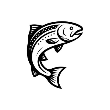 Beyaz arka planda izole edilmiş somon balığı tasviri. Amblem, işaret, poster, rozet tasarımı. Vektör illüstrasyonu