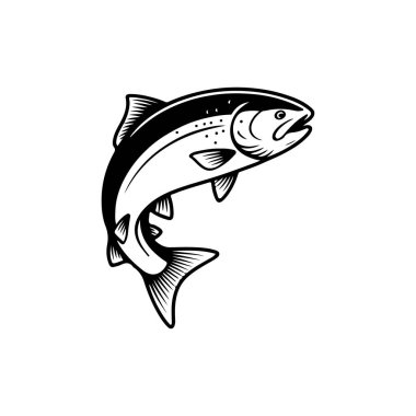 Beyaz arka planda izole edilmiş somon balığı tasviri. Amblem, işaret, poster, rozet tasarımı. Vektör illüstrasyonu