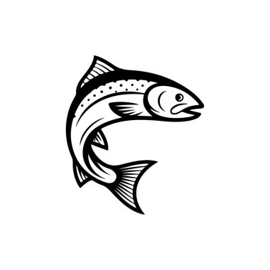 Beyaz arka planda izole edilmiş somon balığı tasviri. Amblem, işaret, poster, rozet tasarımı. Vektör illüstrasyonu