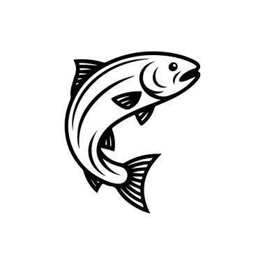 Beyaz arka planda izole edilmiş somon balığı tasviri. Amblem, işaret, poster, rozet tasarımı. Vektör illüstrasyonu