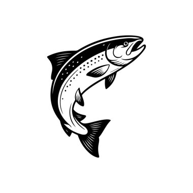 Beyaz arka planda izole edilmiş somon balığı tasviri. Amblem, işaret, poster, rozet tasarımı. Vektör illüstrasyonu