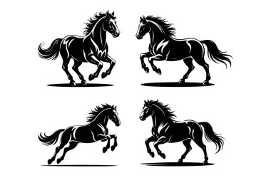 Koşan bir atın siyah beyaz çizimi. Bir atın tek renkli görüntüsü. Logo, işaret, poster ve amblem için tasarım elemanı. Vektör illüstrasyonu