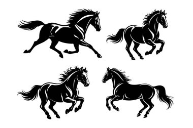 Koşan bir atın siyah beyaz çizimi. Bir atın tek renkli görüntüsü. Logo, işaret, poster ve amblem için tasarım elemanı. Vektör illüstrasyonu