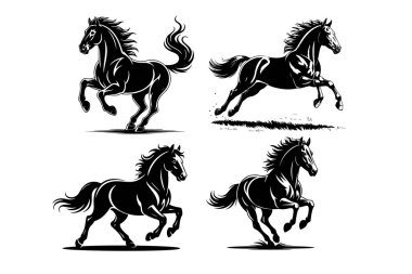 Koşan bir atın siyah beyaz çizimi. Bir atın tek renkli görüntüsü. Logo, işaret, poster ve amblem için tasarım elemanı. Vektör illüstrasyonu