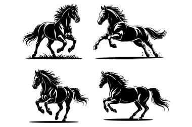 Koşan bir atın siyah beyaz çizimi. Bir atın tek renkli görüntüsü. Logo, işaret, poster ve amblem için tasarım elemanı. Vektör illüstrasyonu