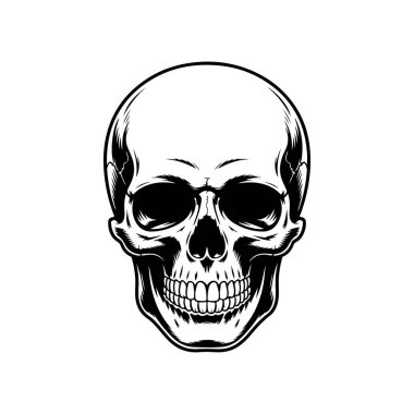 Bir insan kafatasının detaylı bir siyah-beyaz vektör çizimi, doğrudan görülüyor. Eserde, beyaz üzerine izole edilmiş kabartma veya dövme tarzında yüksek kontrastlı gölgeleme yer alıyor..