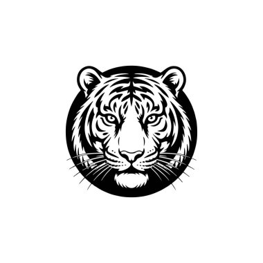 Beyaz arka planda izole edilmiş kaplan başı çizimi. Logo, etiket, amblem için resimler. Vektör illüstrasyonu.