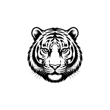 Beyaz arka planda izole edilmiş kaplan başı çizimi. Logo, etiket, amblem için resimler. Vektör illüstrasyonu.