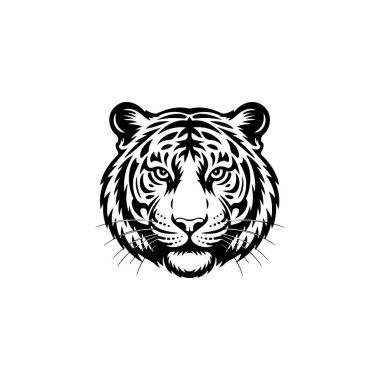 Beyaz arka planda izole edilmiş kaplan başı çizimi. Logo, etiket, amblem için resimler. Vektör illüstrasyonu.