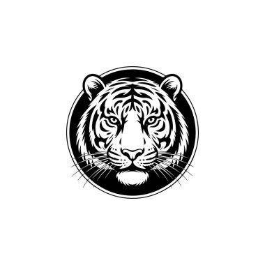Beyaz arka planda izole edilmiş kaplan başı çizimi. Logo, etiket, amblem için resimler. Vektör illüstrasyonu.