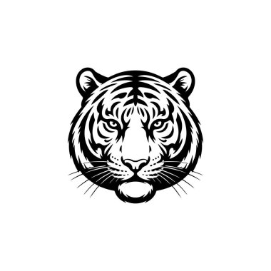 Beyaz arka planda izole edilmiş kaplan başı çizimi. Logo, etiket, amblem için resimler. Vektör illüstrasyonu.