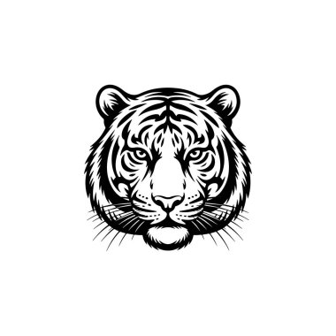 Beyaz arka planda izole edilmiş kaplan başı çizimi. Logo, etiket, amblem için resimler. Vektör illüstrasyonu.