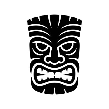 Tiki kabilesinin tahta maske seti ve Tiki kupası. Hawaii geleneksel elementleri. Renkli, ahşap ve siyah beyaz siluet. Vektör illüstrasyonu