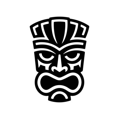 Tiki kabilesinin tahta maske seti ve Tiki kupası. Hawaii geleneksel elementleri. Renkli, ahşap ve siyah beyaz siluet. Vektör illüstrasyonu