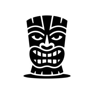 Tiki kabilesinin tahta maske seti ve Tiki kupası. Hawaii geleneksel elementleri. Renkli, ahşap ve siyah beyaz siluet. Vektör illüstrasyonu