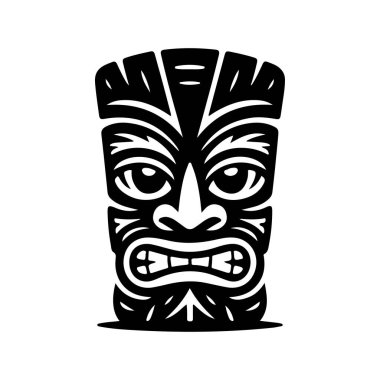 Tiki kabilesinin tahta maske seti ve Tiki kupası. Hawaii geleneksel elementleri. Renkli, ahşap ve siyah beyaz siluet. Vektör illüstrasyonu