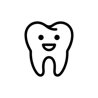 Dişi azıdişi ve gülen bir yüzü tasvir eden basit bir siyah beyaz çizgi sanat ikonu. Temiz, şirin tasarım diş bakımı ya da çocuk dişçiliği teması için idealdir..