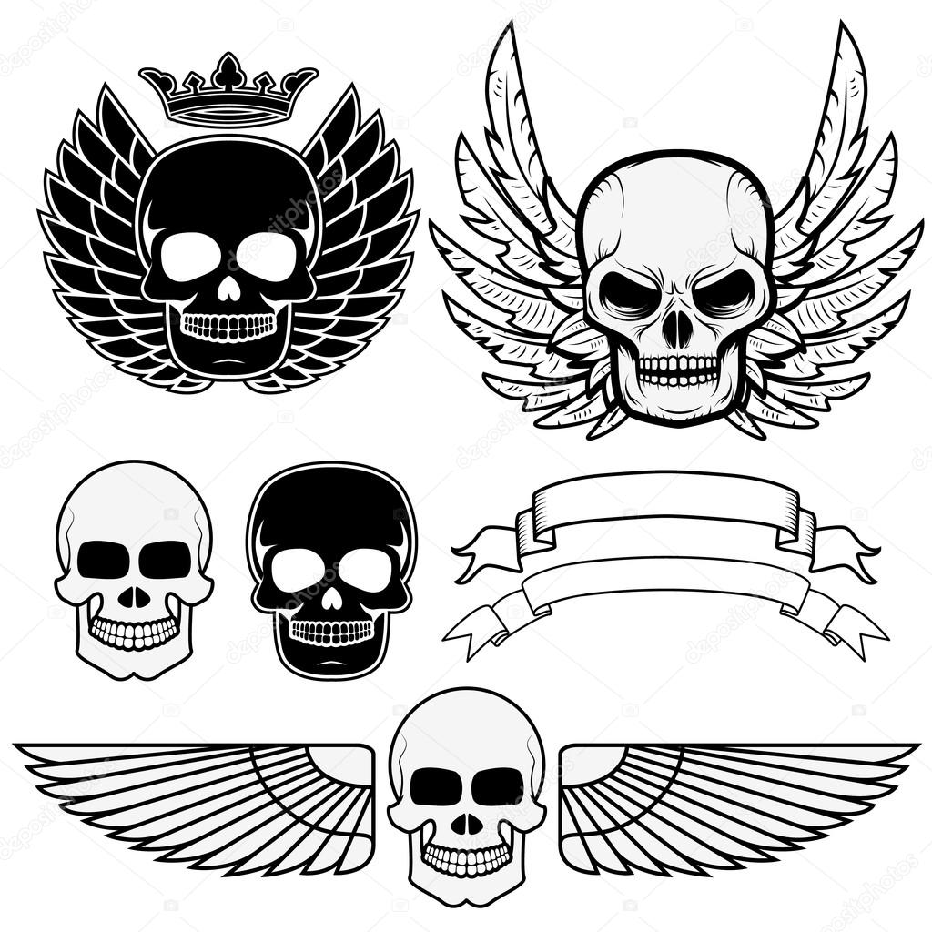 Biker theme labels. skulls with wings.