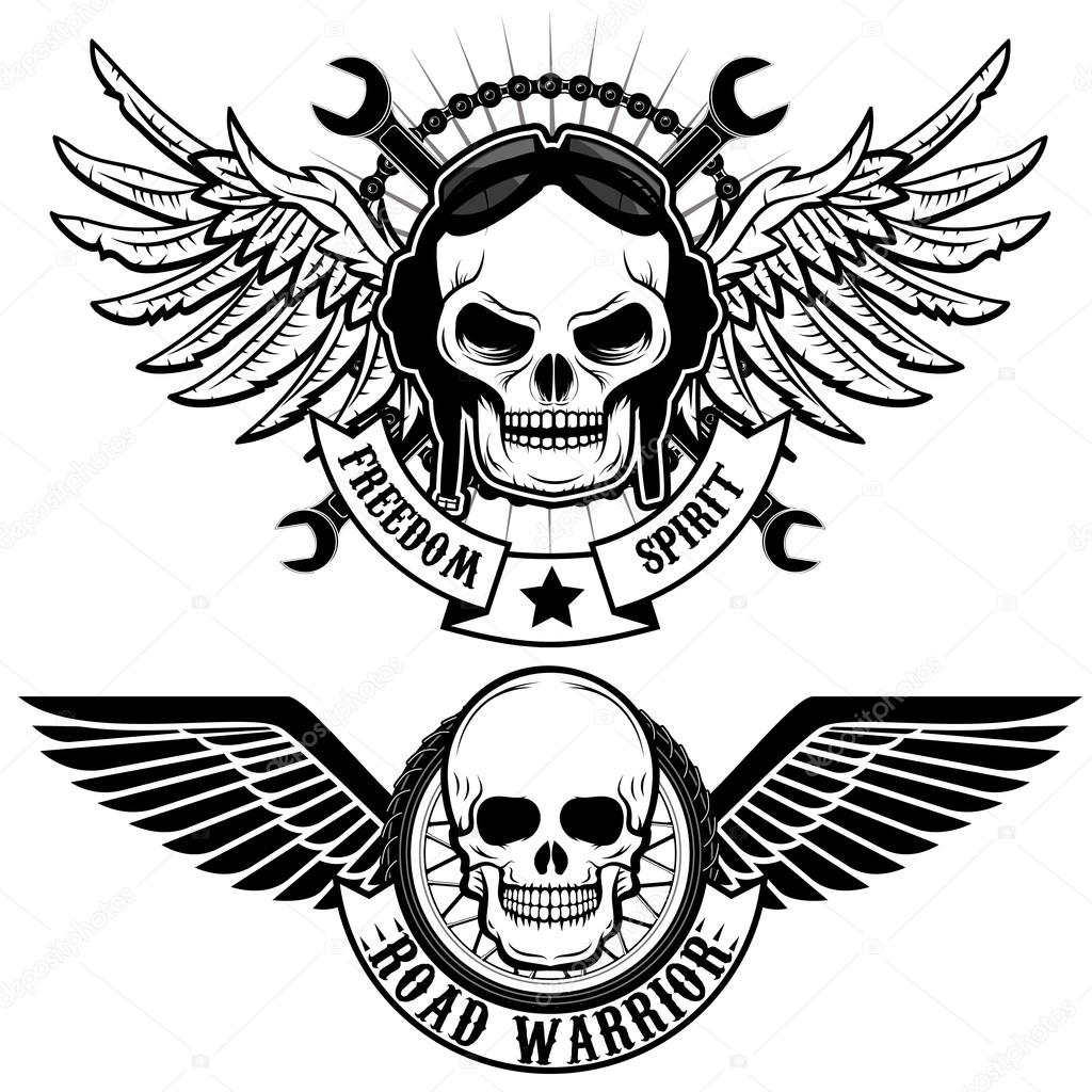 Biker theme labels. skulls with wings.