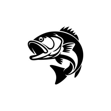 Ağzı açık sıçrayan levrek balığının dinamik siyah ve beyaz vektör çizimi. Balık amblemleri, amblemler ya da giyim tasarımları için mükemmel..