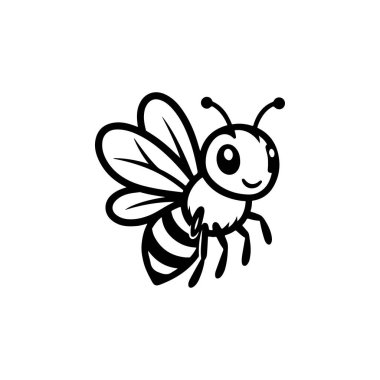 A simple black and white vector drawing of a cute friendly smiling honey bee mascot with wings antennae and stripes waving its hand. The style is childlike and minimalist.