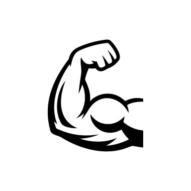 Güçlü bir siyah ve beyaz vektör logosu kasılmış bir yumruk, gücü, zindeliği, gücü ve kas gelişimini simgeliyor..