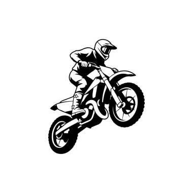 Motokros motosikletinden atlayan bir motorsikletlinin koyu siyah beyaz çizimi. Sürücü bir kask ve teçhizat takıyor ve saldırgan bir hava gösterisi sergiliyor..