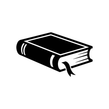 A simple black and white vector icon of a closed hardback book lying down with a ribbon bookmark sticking out. The design is minimalist and represents learning or reading.