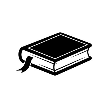 Kapalı bir ciltli kitabın basit bir siyah-beyaz vektör simgesi. Kurdele kitap ayracı öne çıkmış şekilde uzanıyor. Tasarım minimalisttir ve öğrenmeyi veya okumayı temsil eder..