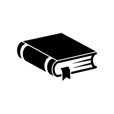 Kapalı bir ciltli kitabın basit bir siyah-beyaz vektör simgesi. Kurdele kitap ayracı öne çıkmış şekilde uzanıyor. Tasarım minimalisttir ve öğrenmeyi veya okumayı temsil eder..
