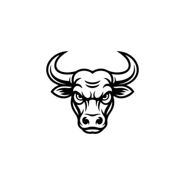 Güçlü, saldırgan, güçlü ve baskın bir gücü sembolize eden boynuzlu bir boğa ya da bufalo kafasının şiddetli siyah ve beyaz vektör logosu..