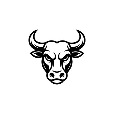 Güçlü, saldırgan, güçlü ve baskın bir gücü sembolize eden boynuzlu bir boğa ya da bufalo kafasının şiddetli siyah ve beyaz vektör logosu..