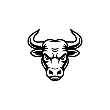 Güçlü, saldırgan, güçlü ve baskın bir gücü sembolize eden boynuzlu bir boğa ya da bufalo kafasının şiddetli siyah ve beyaz vektör logosu..
