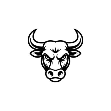 Güçlü, saldırgan, güçlü ve baskın bir gücü sembolize eden boynuzlu bir boğa ya da bufalo kafasının şiddetli siyah ve beyaz vektör logosu..