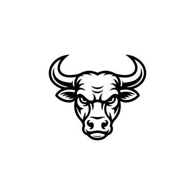 Güçlü, saldırgan, güçlü ve baskın bir gücü sembolize eden boynuzlu bir boğa ya da bufalo kafasının şiddetli siyah ve beyaz vektör logosu..